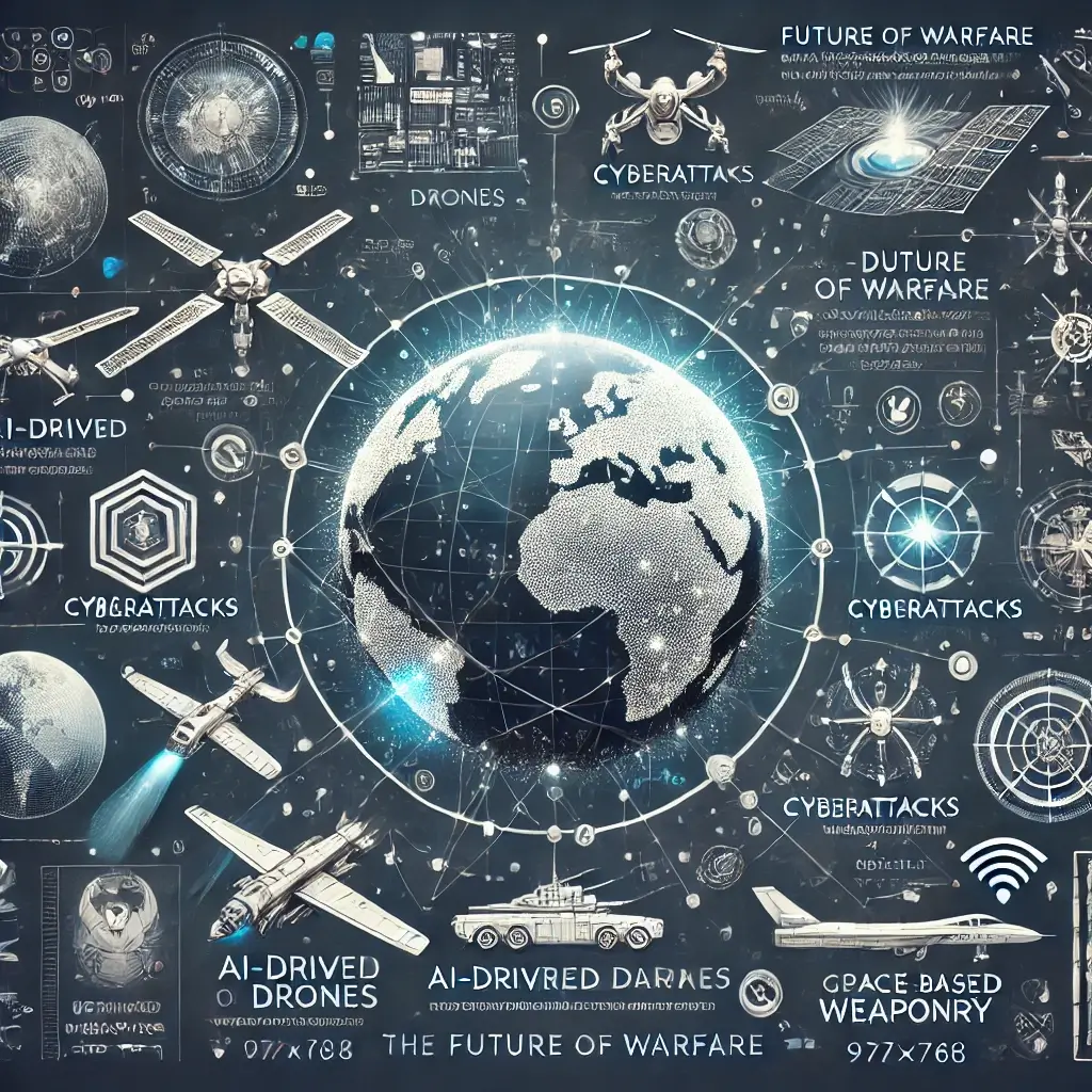 A clean and engaging infographic that visualizes the future of warfare, showcasing elements like AI-driven drones, cyberattacks, and space-based weapo