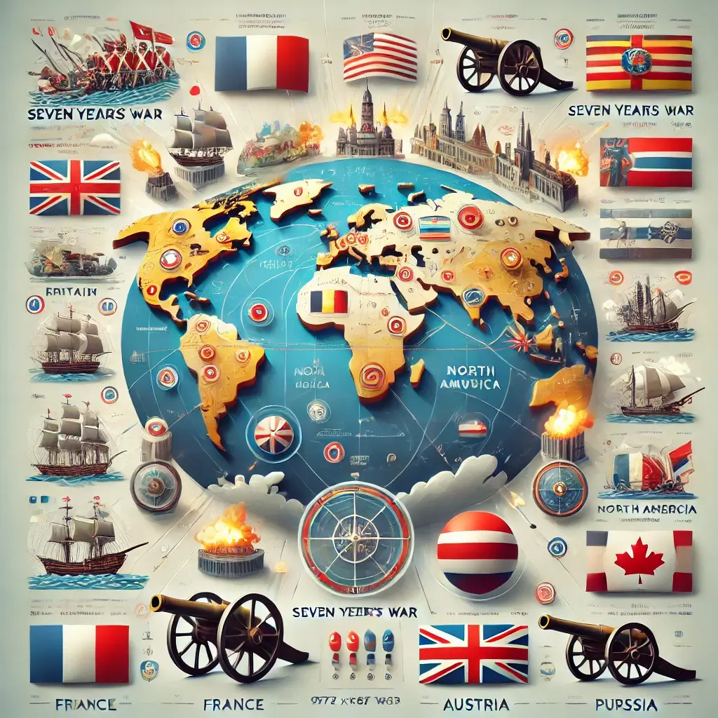A high-quality visual representation of the Seven Years' War highlighting major battle locations across continents, including Europe, North America, a