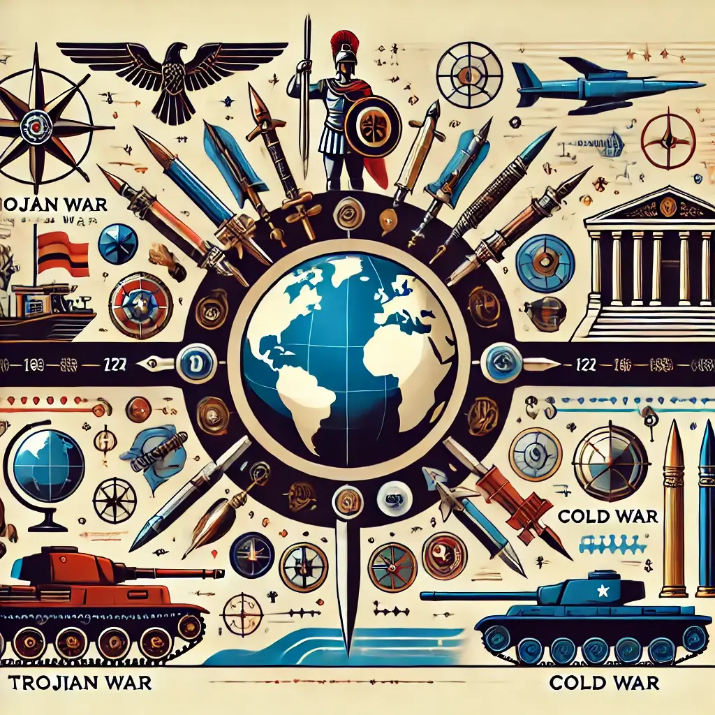 A professional and clean visual representation of a historical timeline showing major global conflicts, starting with the Trojan War and ending with t