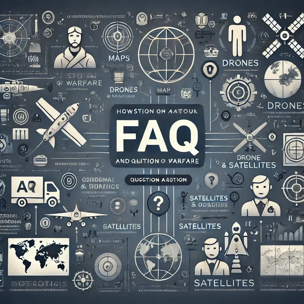 A visually engaging and modern FAQ infographic featuring icons representing questions about warfare, such as maps, drones, satellites, and AI systems.webp