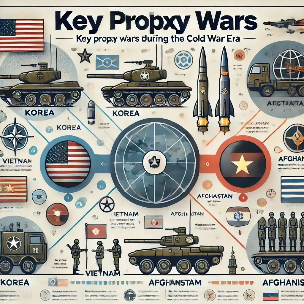 A visually engaging infographic representing key proxy wars during the Cold War era. The image includes icons like tanks, soldiers, and missiles, with