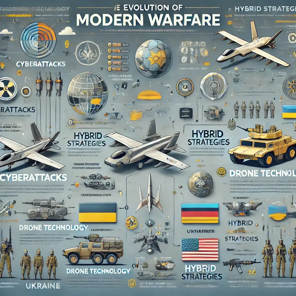 A visually engaging infographic showcasing the evolution of modern warfare. Include key elements such as cyberattacks, drone technology, hybrid strate