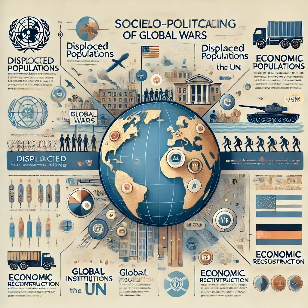 A visually engaging infographic showing the socio-political impacts of global wars, including displaced populations, global institutions like the UN,